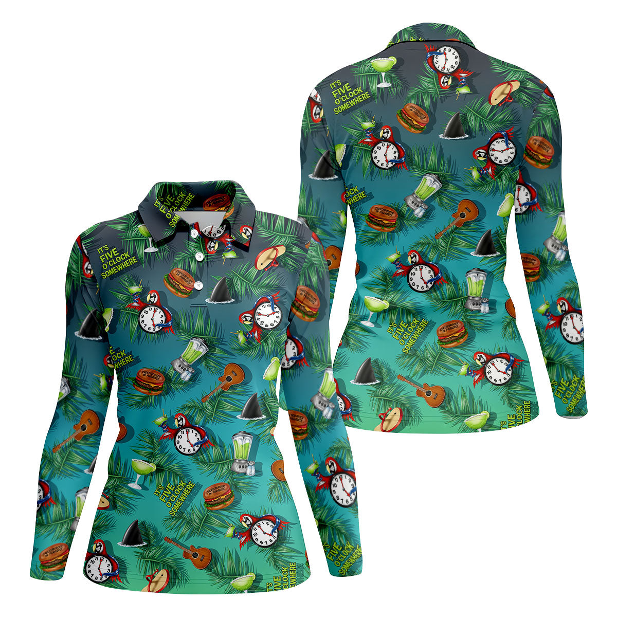 Teal Tropical Cocktail Parrot Pattern Golf Polo Shirt, Golf Shirts For Women, Women's Golf Polo