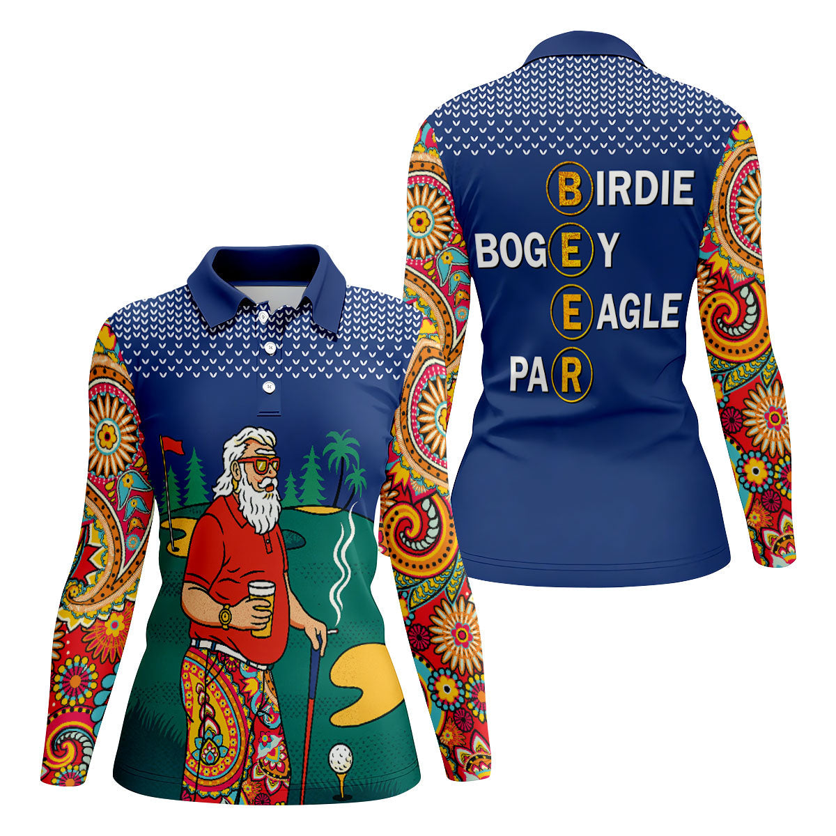 Funny Retro Golfer Drinking Beer Paisley Polo Shirt, Golf Shirts For Women, Women’s Golf Apparel