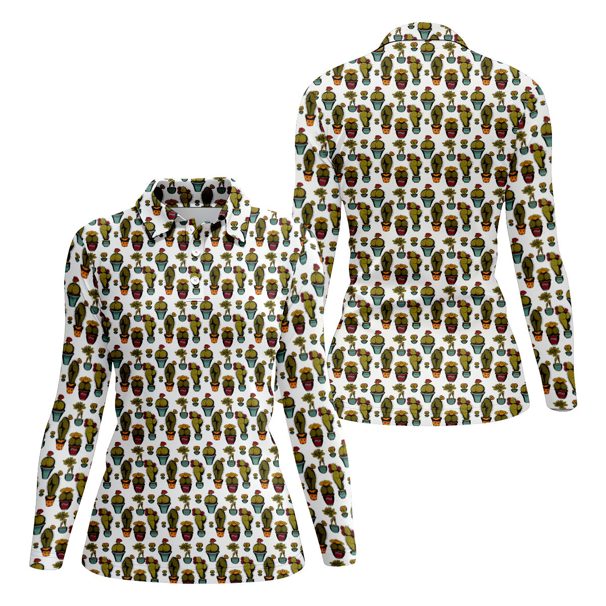 Cute Potted Cactus Pattern Golf Polo Shirt, Ladies Golf Tops, Women's Golf Polo