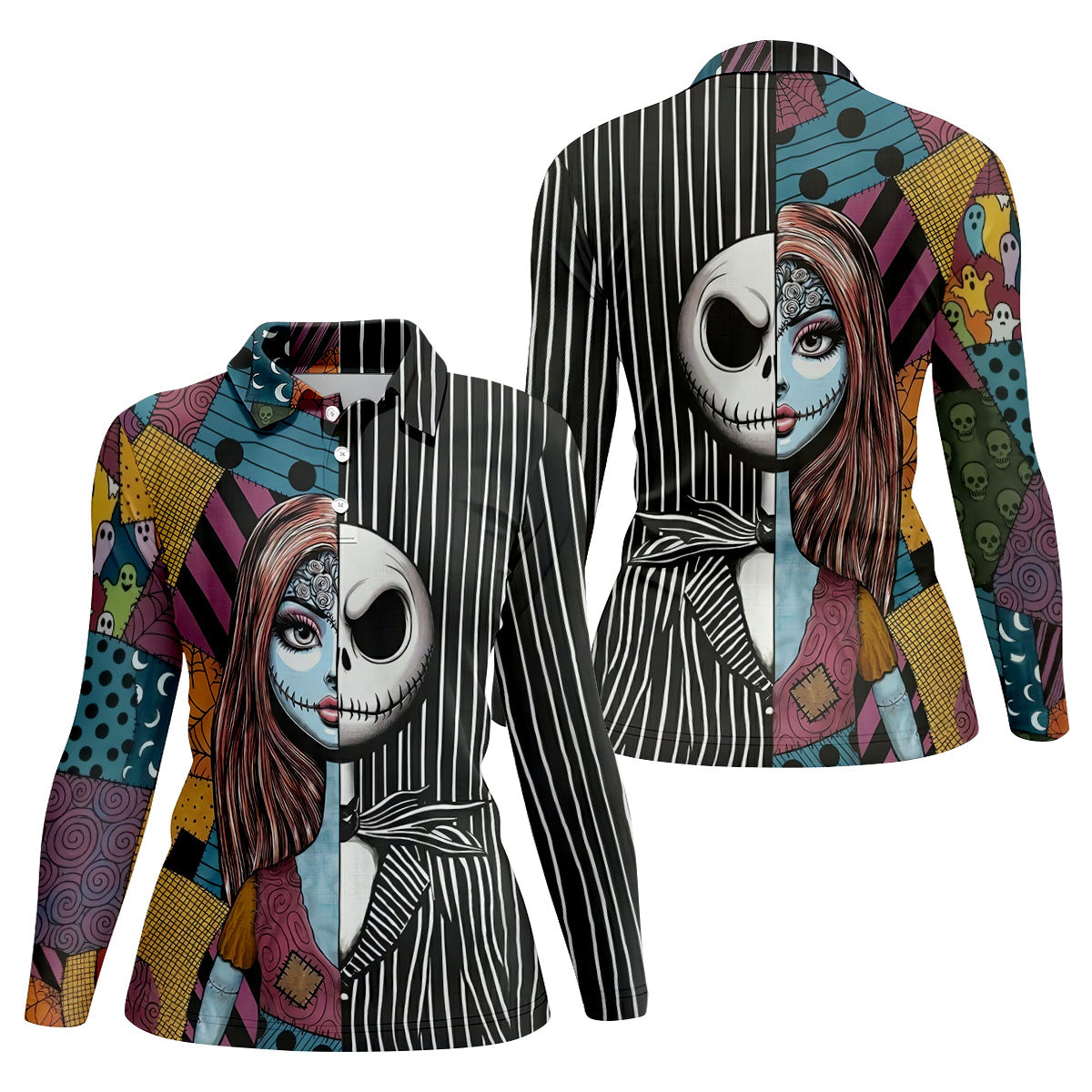 Half Sally And Jack Horror Character Golf Polo Shirt, Women's Golf Polo, Ladies Golf Shirts