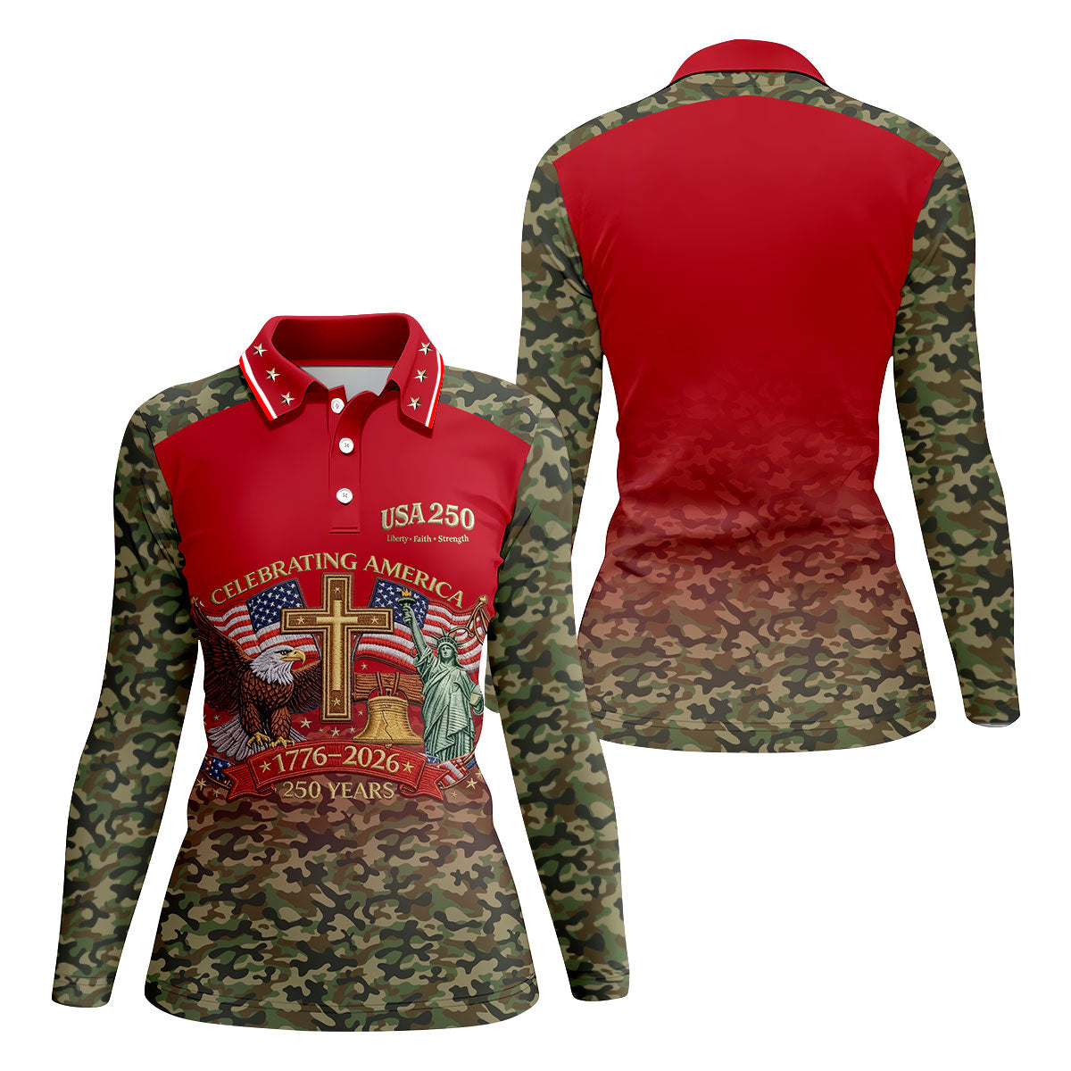 Liberty Faith Strength Faith Cross USA 250 Red Camo Golf Shirt, 4th Of July Golf Shirt For Women