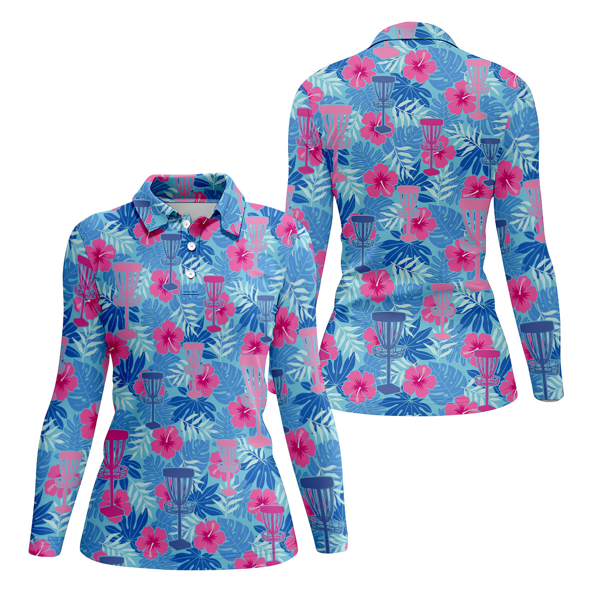Blue Hibiscus Disc Golf Polo Shirt, Golf Tops For Women, Women’s Golf Polo