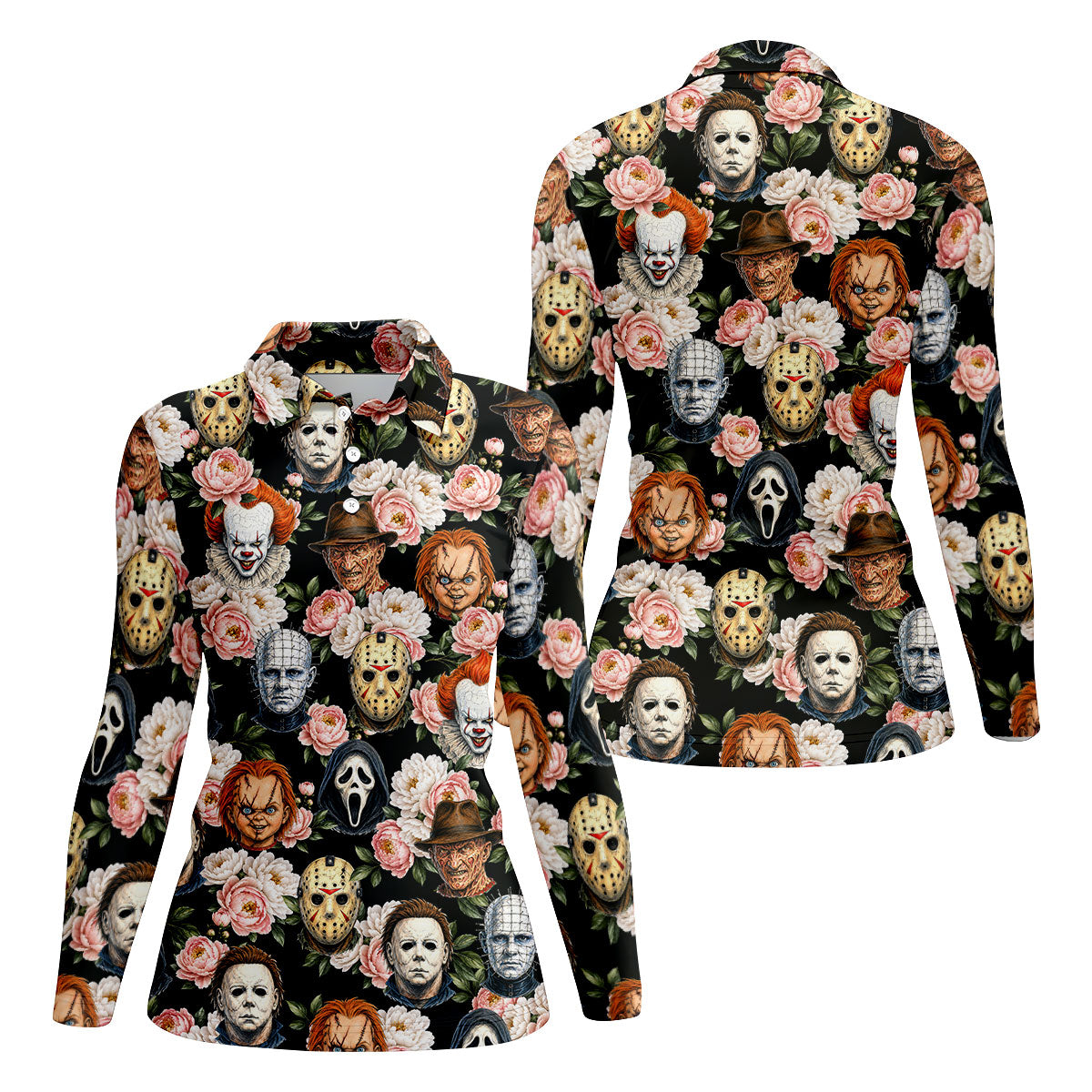 Horror Icons Floral Hawaiian Golf Shirt, Women's Golf Tops, Ladies Golf Shirts