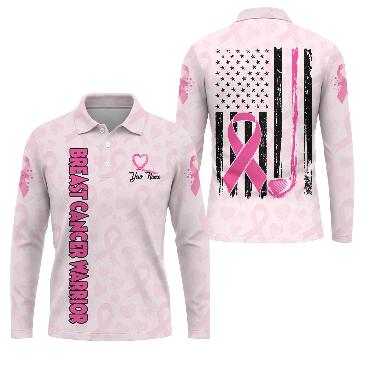 Personalized Breast Cancer Warrior Pink Ribbon Polo, Mens Golf Polo, Golf Apparel For Men