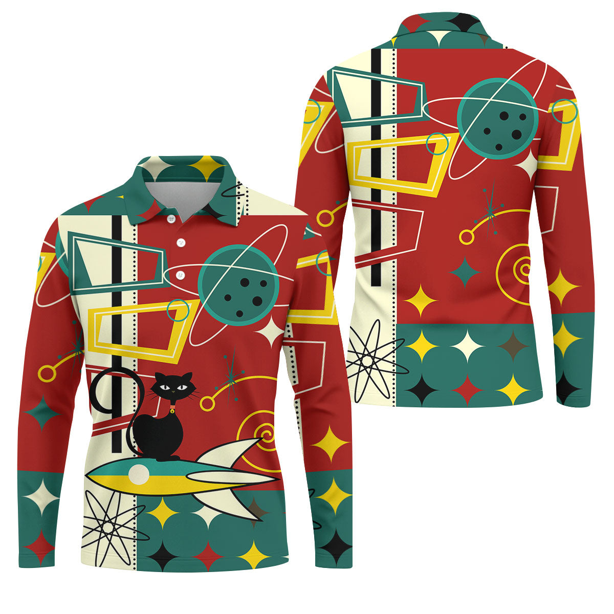 Geometric Abstraction Atomic Cat Hawaiian Golf Shirt, Retro Golf Shirt, Polo Shirts For Men