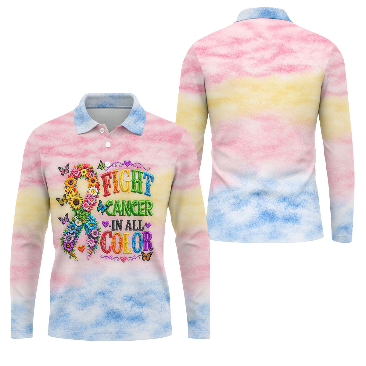 Fight Cancer In All Color Floral Ribbon Polo Shirt, Mens Golf Polo, Printed Golf Shirts