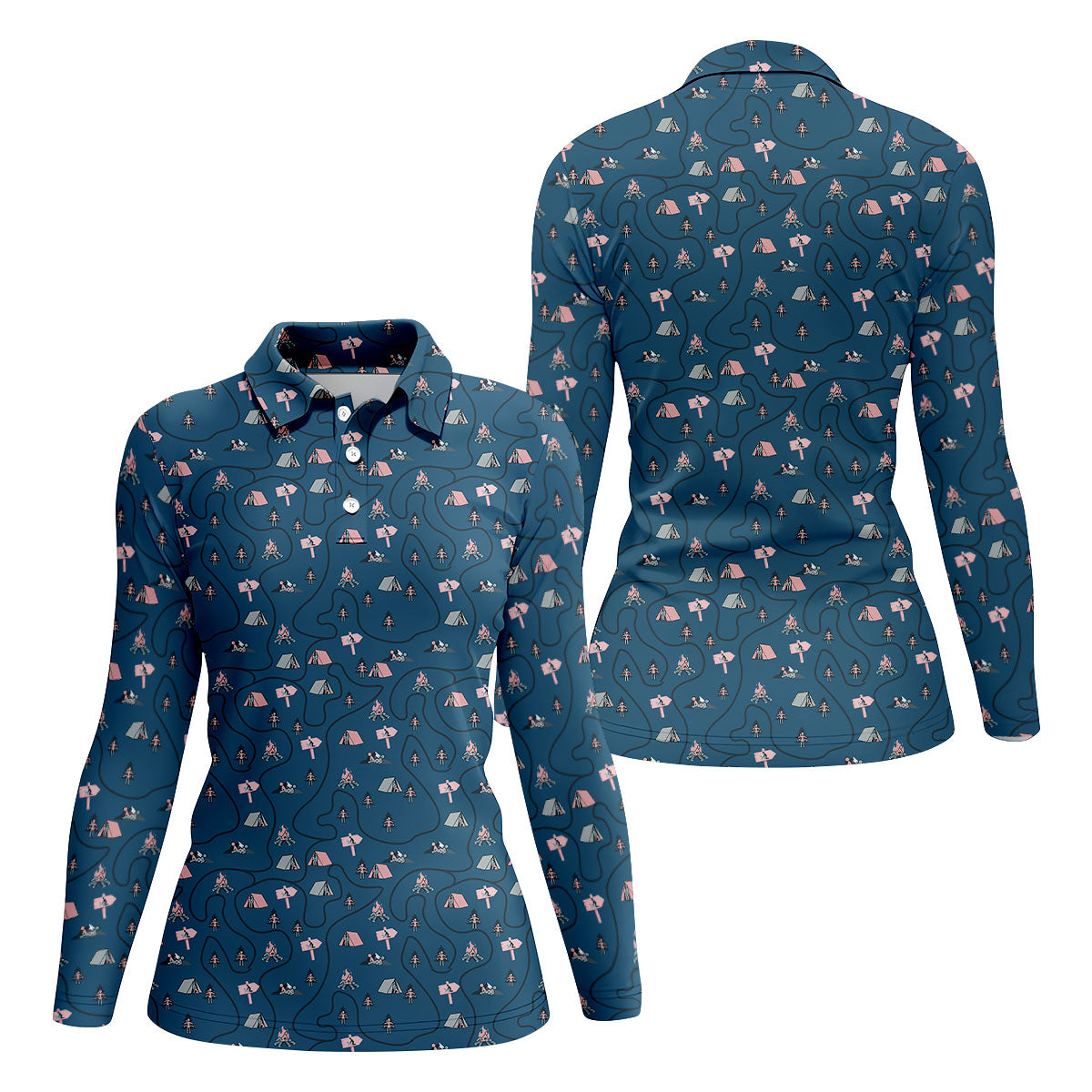 Funny Adult Camping Pattern Polo Shirt, Golf Shirts For Women, Ladies Golf Tops