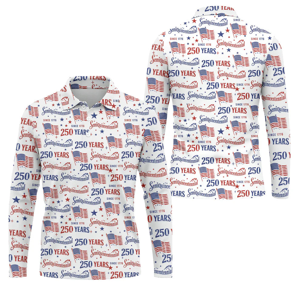 Semiquincentennial 250 Years Distressed American Flag Golf Shirt, Patriotic 4th Of July Golf Shirts For Men