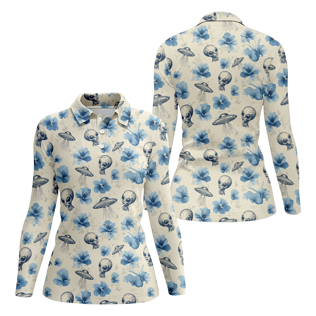 Funny Alien Blue Hibicus Tropical Theme Hawaiian Golf Shirt, Golf Shirt For Women, Golfing Apparel