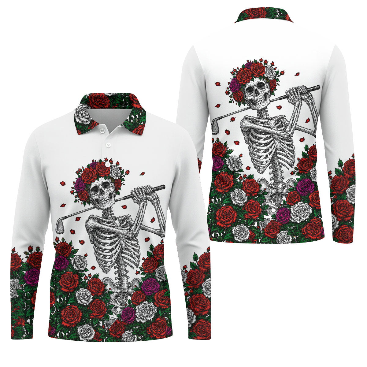 Rose Crown Skeleton Golfer Halloween Polo Shirt, Men's Golf Shirt, Printed Golf Shirts