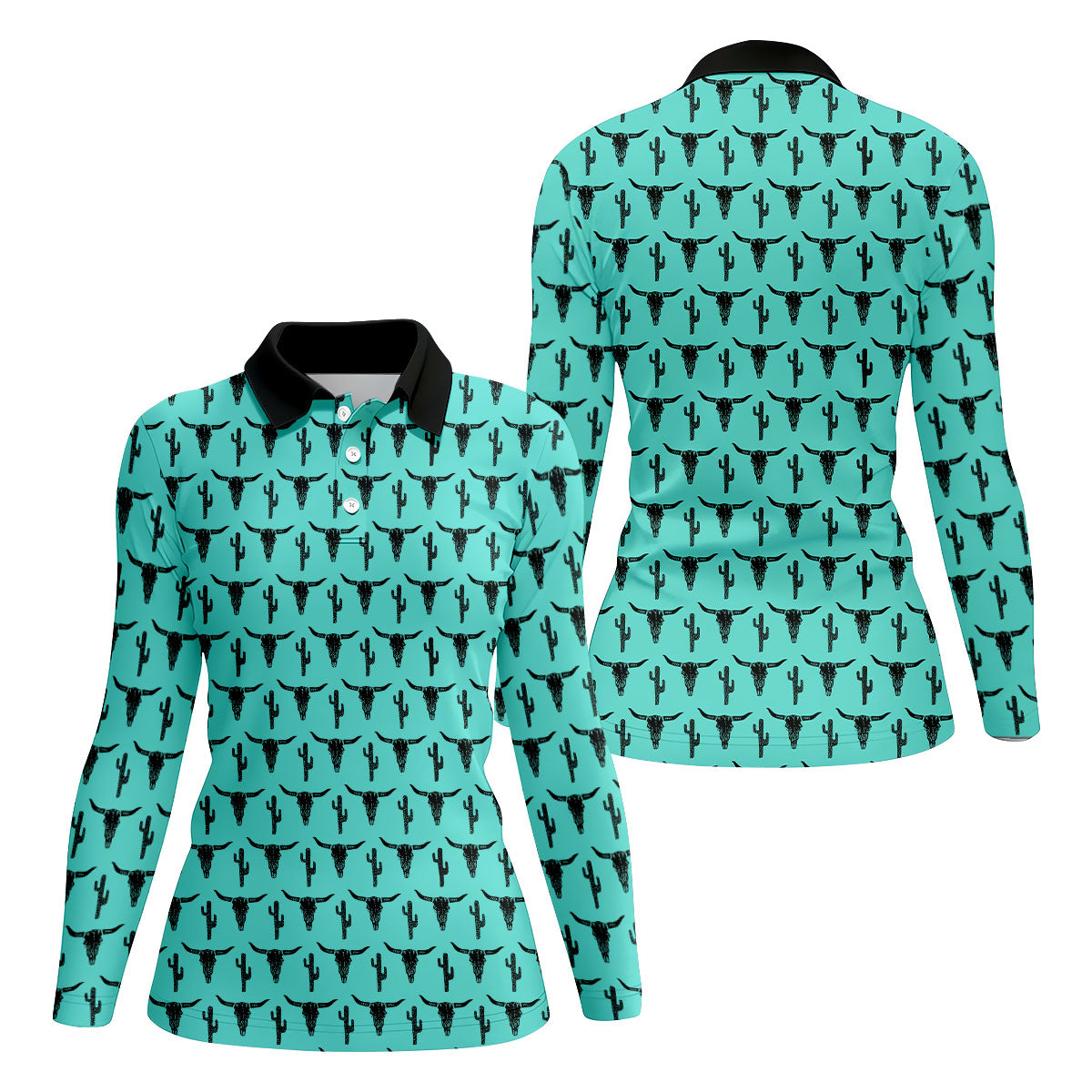 Longhorn Cow Skull Western Theme Peacock Blue Women Golf Top, Ladies Golf Shirts, Golf Shirt For Women