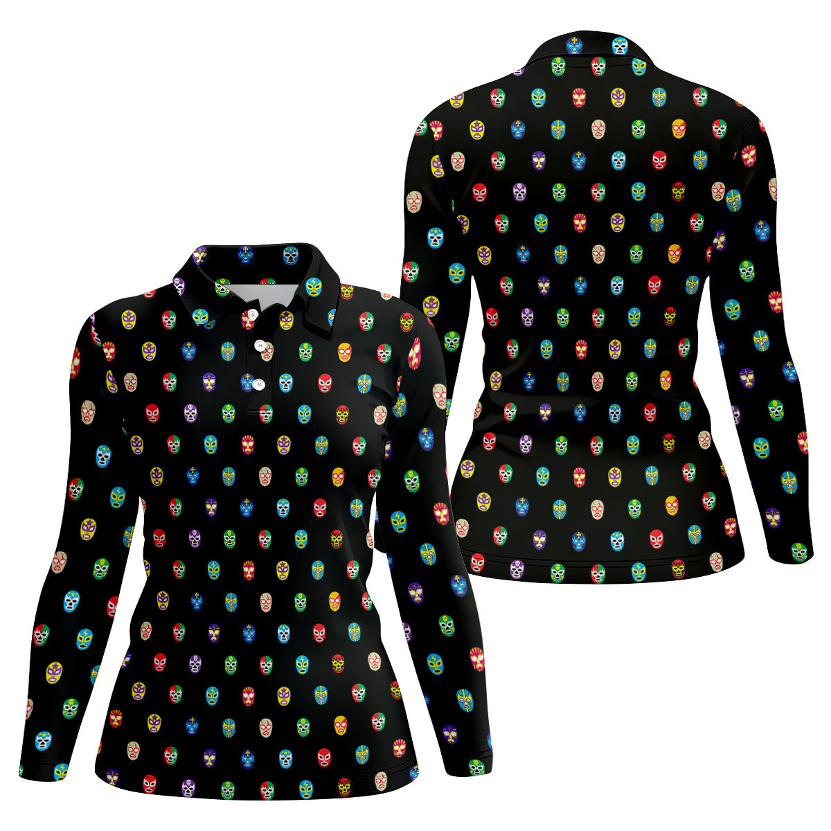 Colorful Retro Mask Print Golf Polo Shirt, Golf Shirts For Women, Women’s Golf Apparel