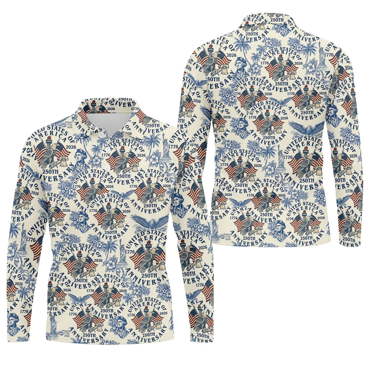 USA 250th Anniversary Toile De Jouy Hawaiian Golf Shirt, Patriotic 4th Of July Golf Shirts For Men