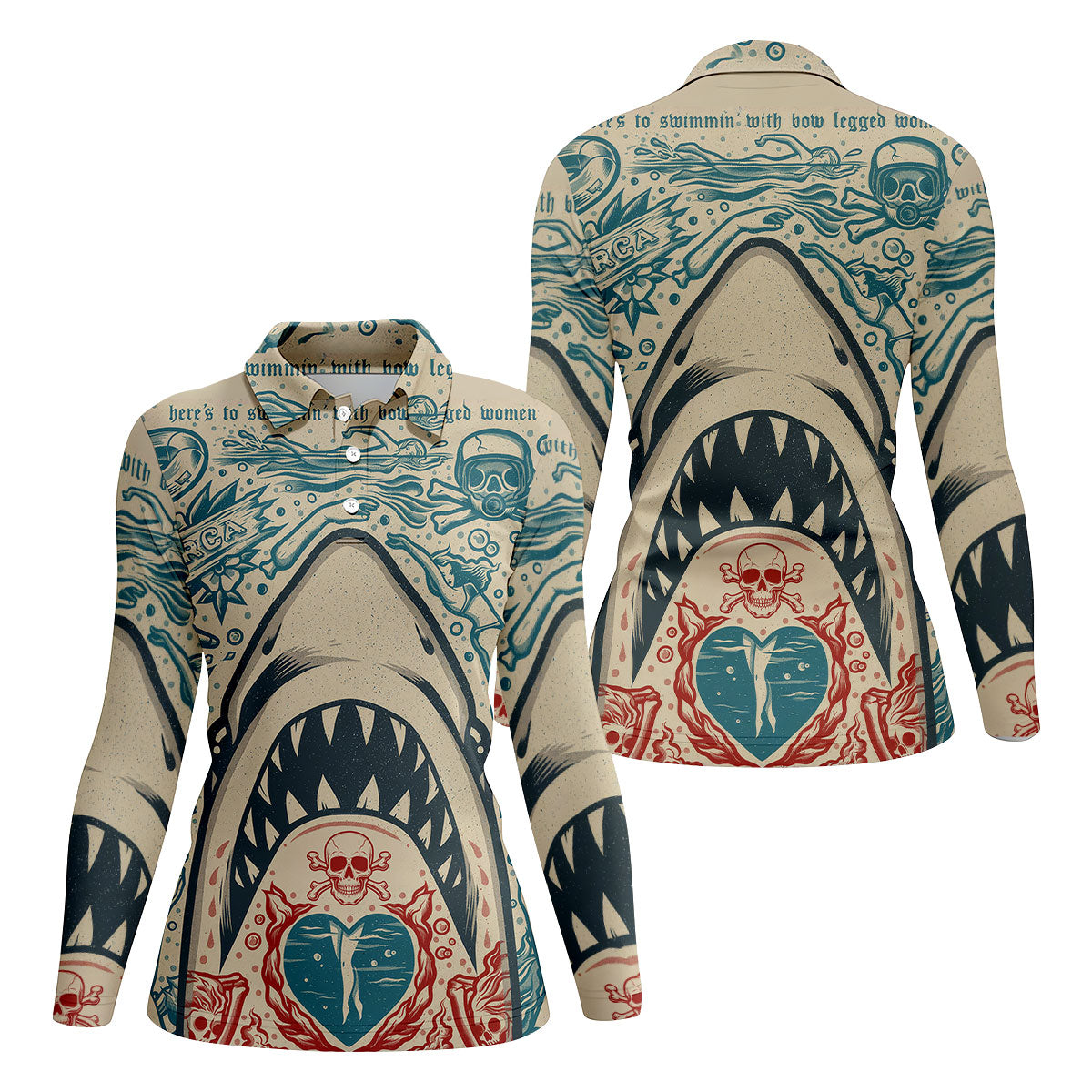 Vintage Shark Jaw Tattoo Art Golf Polo Shirt, Golf Shirts For Women, Women's Golf Apparel