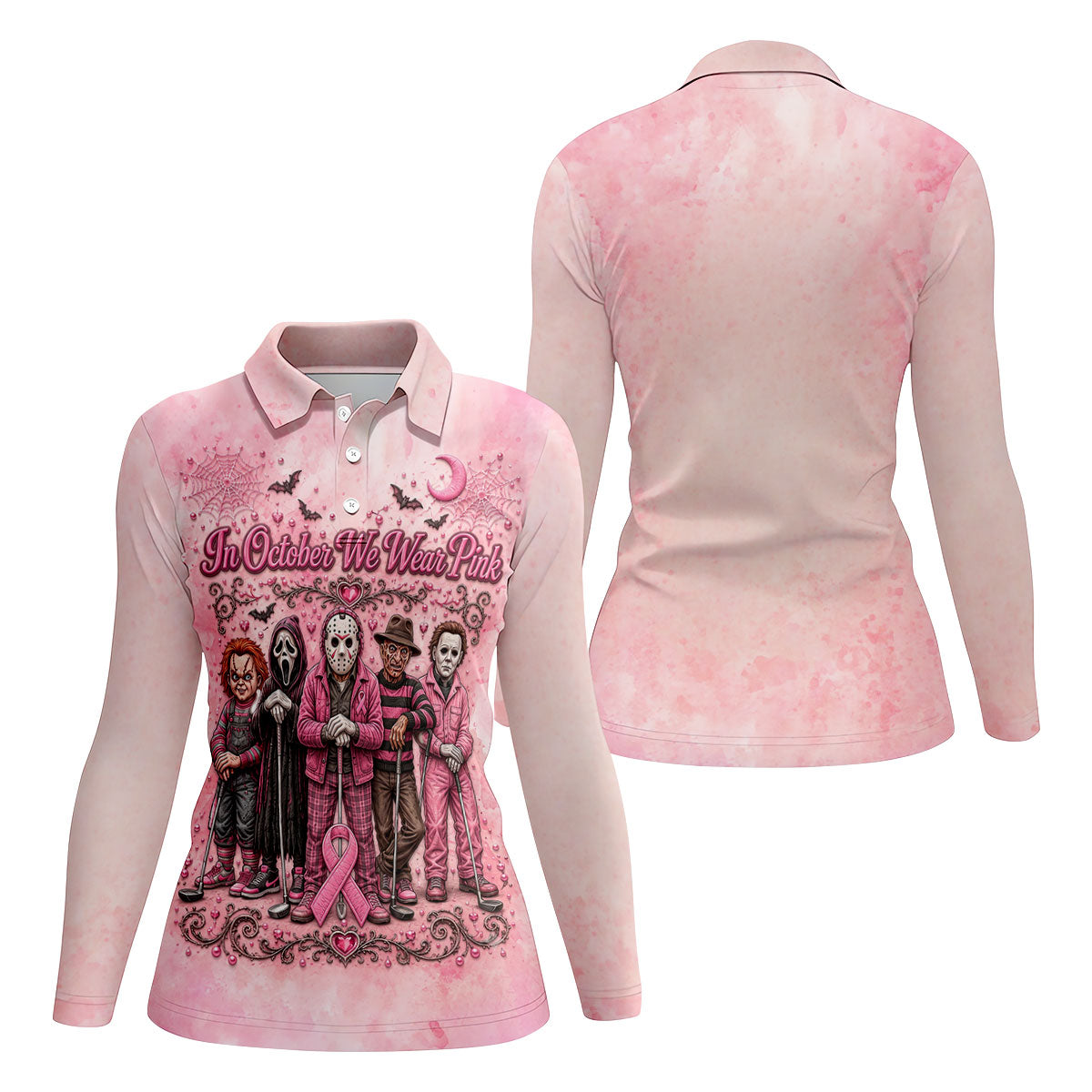 In October We Wear Pink Breast Cancer Horror Characters Golf Polo, Golf Shirts For Women