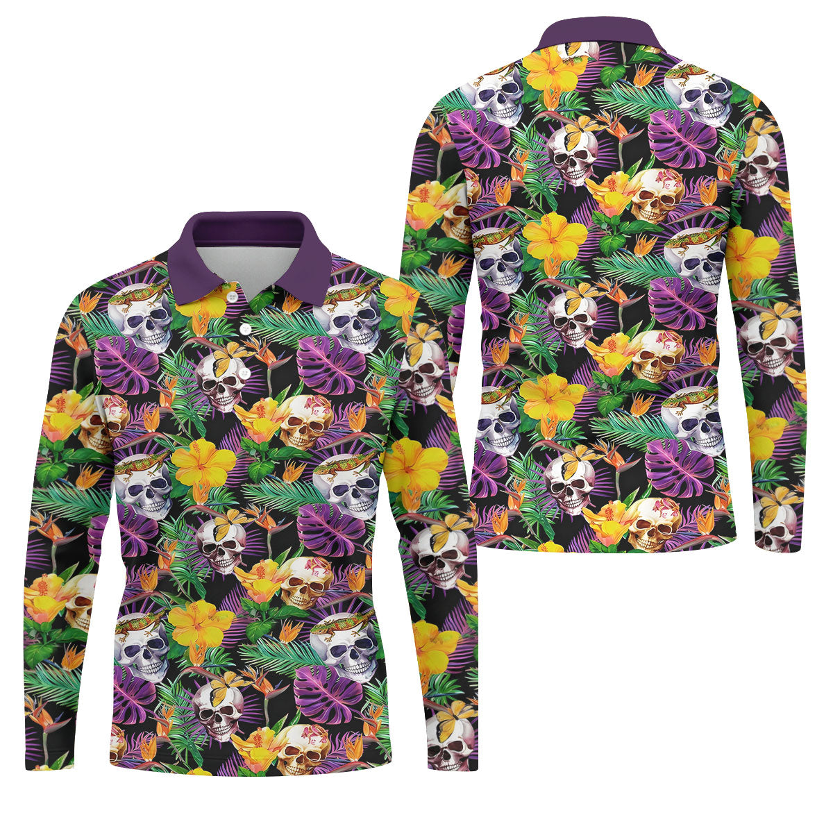 Tropical Sugar Skull Floral Golf Polo Shirt, Golf Shirts For Men, Printed Golf Shirts