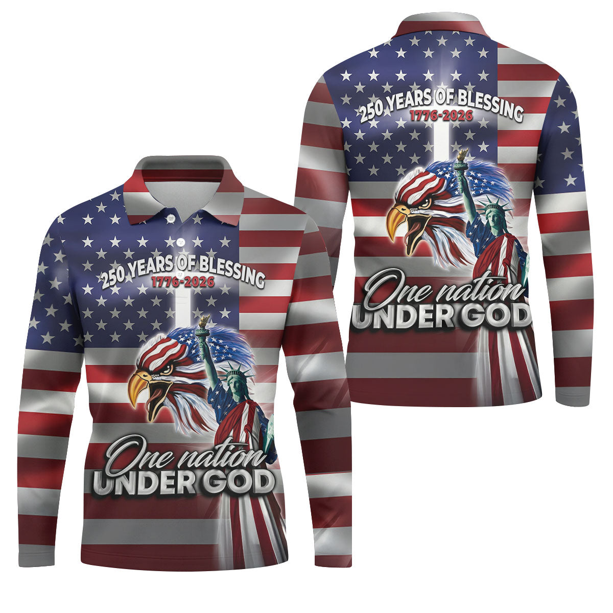 One Nation Under God 250 Years Of Blessing US Flag Golf Shirt, 4th Of July Golf Shirts For Men