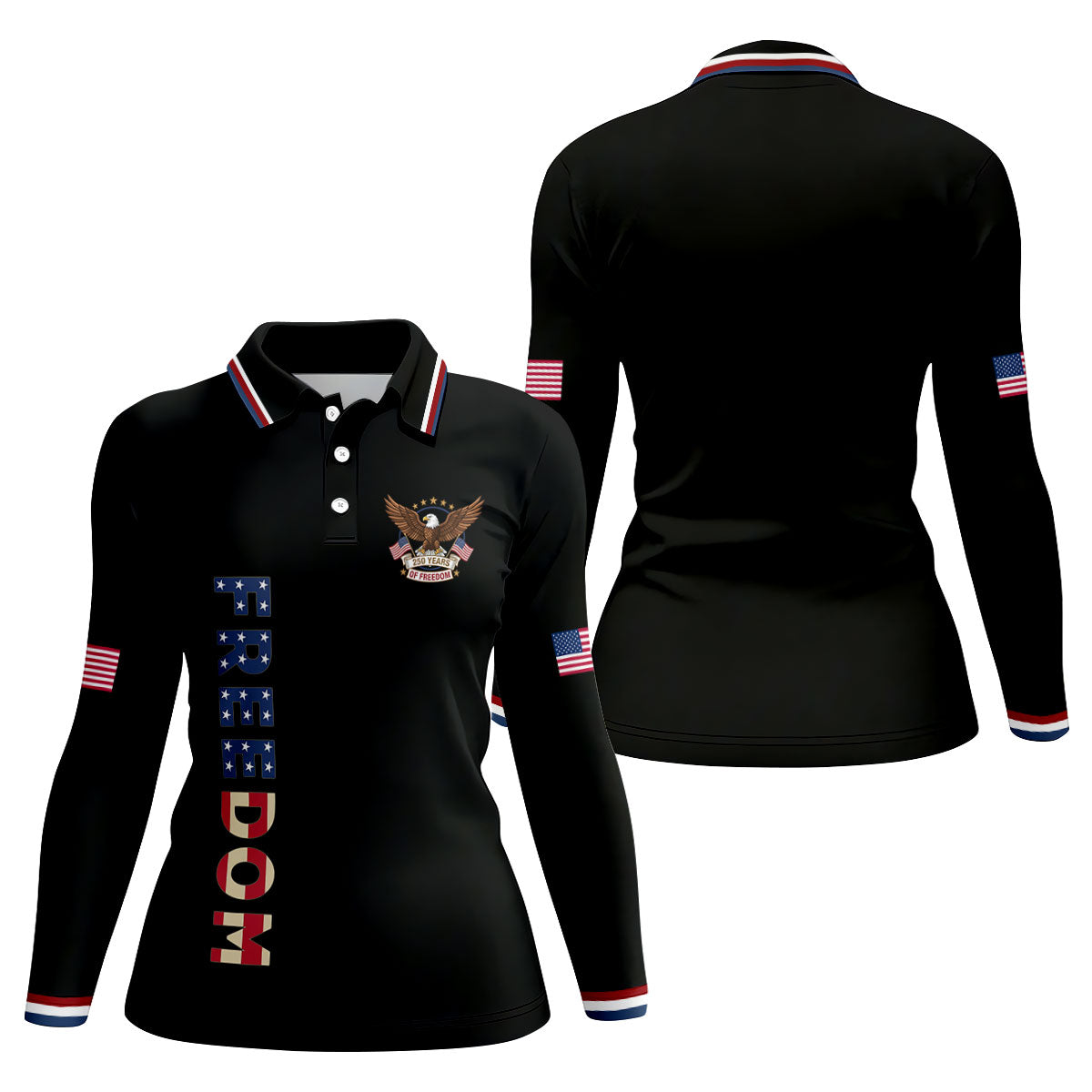 250 Years Of Freedom US Flag Logo Black Golf Shirt, Patriotic 4th Of July Golf Shirt For Women