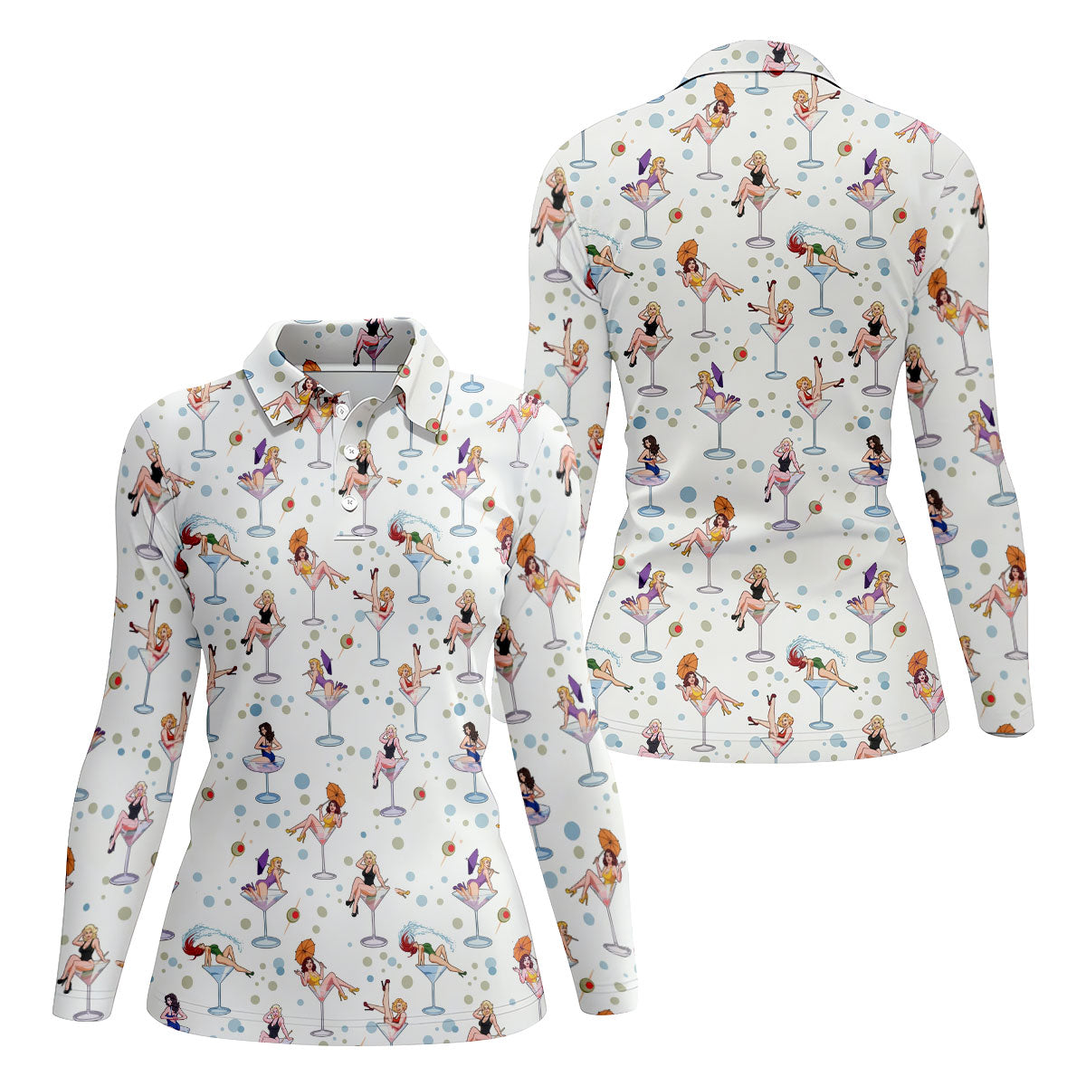 Retro Pin Up Martini Cocktail Hawaiian Golf Shirt, Ladies Golf Shirts, Performance Golf Shirt