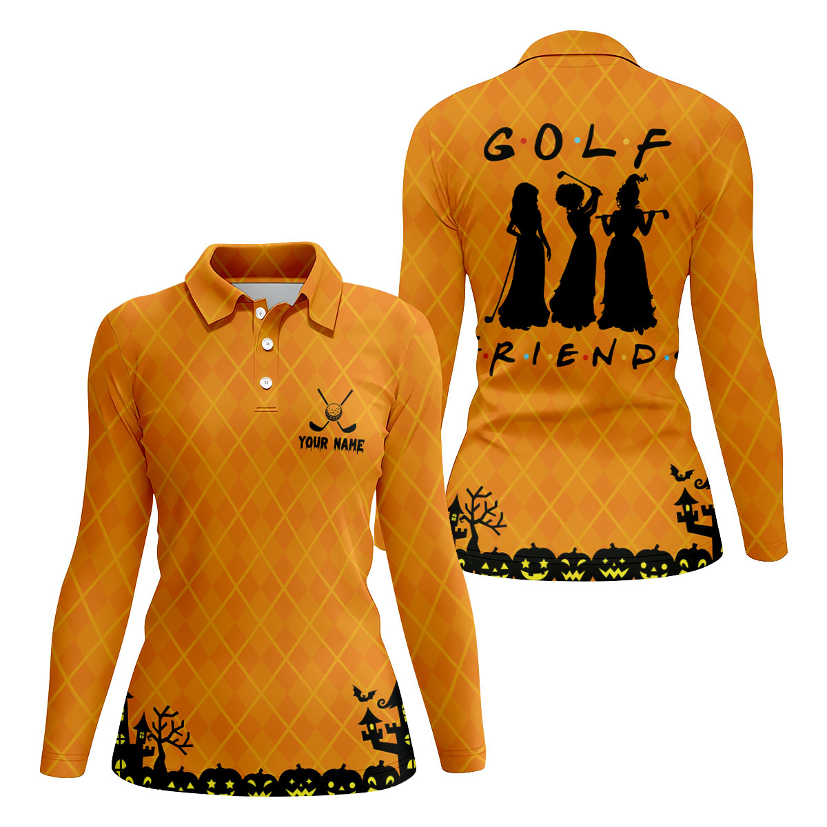 Your Name Golf Friends Horror Character Polo Shirt, Womens Golf Tops, Halloween Shirt