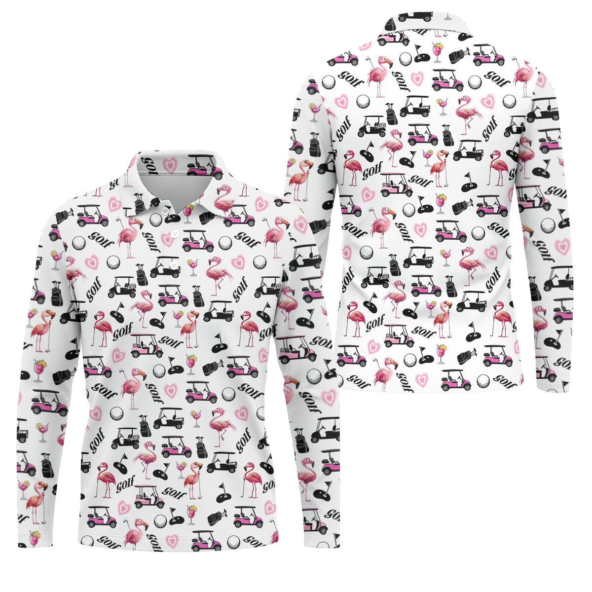 Pink Flamingo Golf Cart Martini Hawaiian Golf Shirt, Mens Golf Polo, Printed Golf Shirts