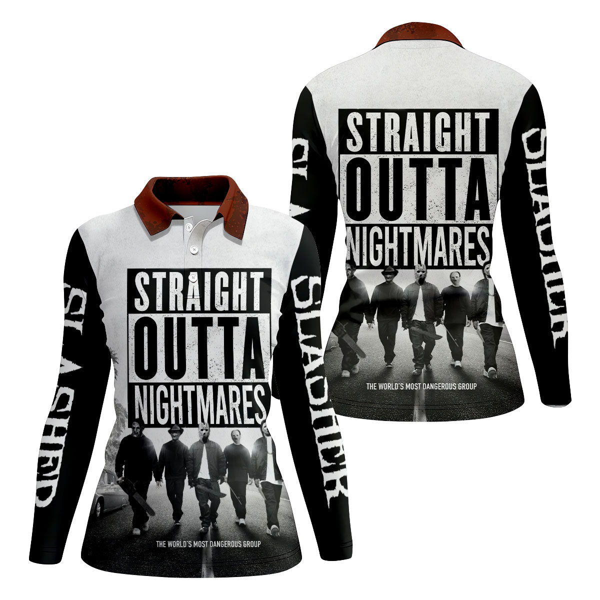 Straight Outta Nightmares Horror Character Golf Polo Shirt, Womens Golf Polo, Ladies Golf Shirts