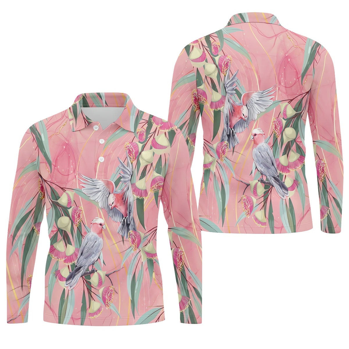 Pink Cockatoo Eucalyptus Floral Polo Shirt, Hawaiian Golf Shirt, Golf Shirts For Men