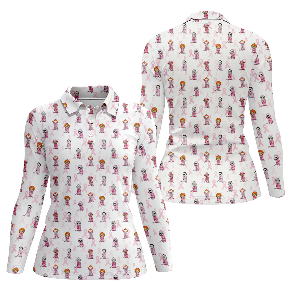 Breast Cancer Chibi Horror Character Polo Shirt, Womens Golf Tops, Golf Polo For Women