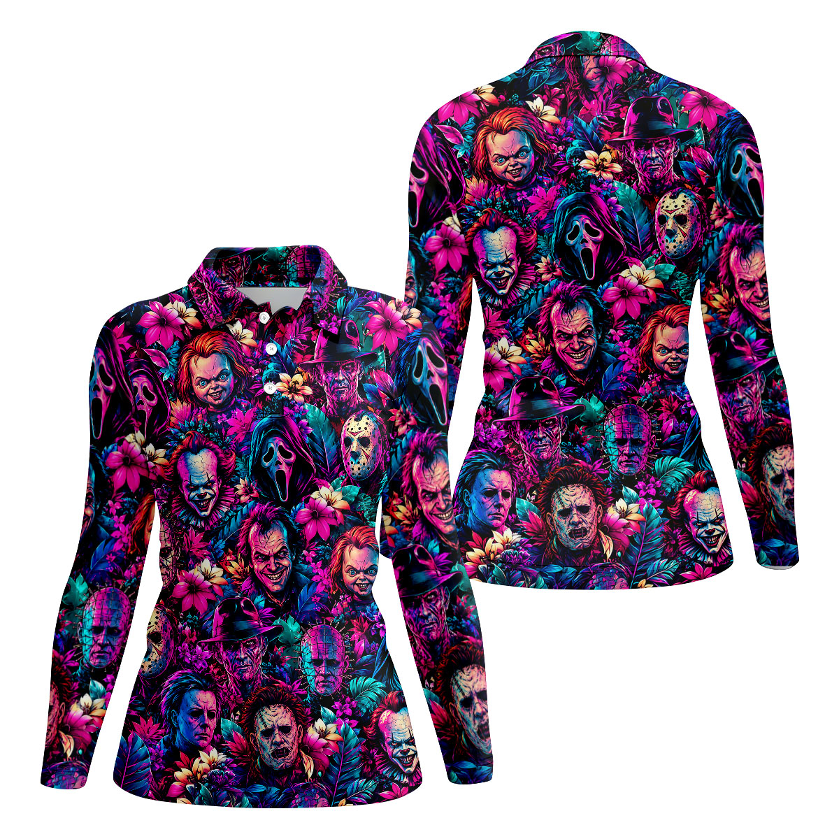 Neon Floral Horror Character Halloween Golf Shirt, Golf Shirts For Women, Women's Golf Apparel