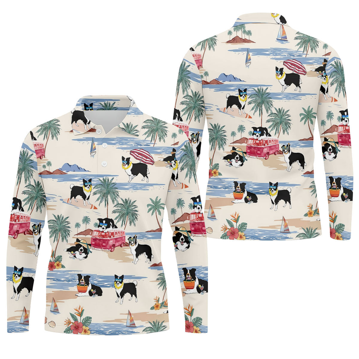 Tropical Border Collie Beach Hawaiian Golf Polo Shirt, Golf Polo Shirts For Men, Mens Polo Shirts