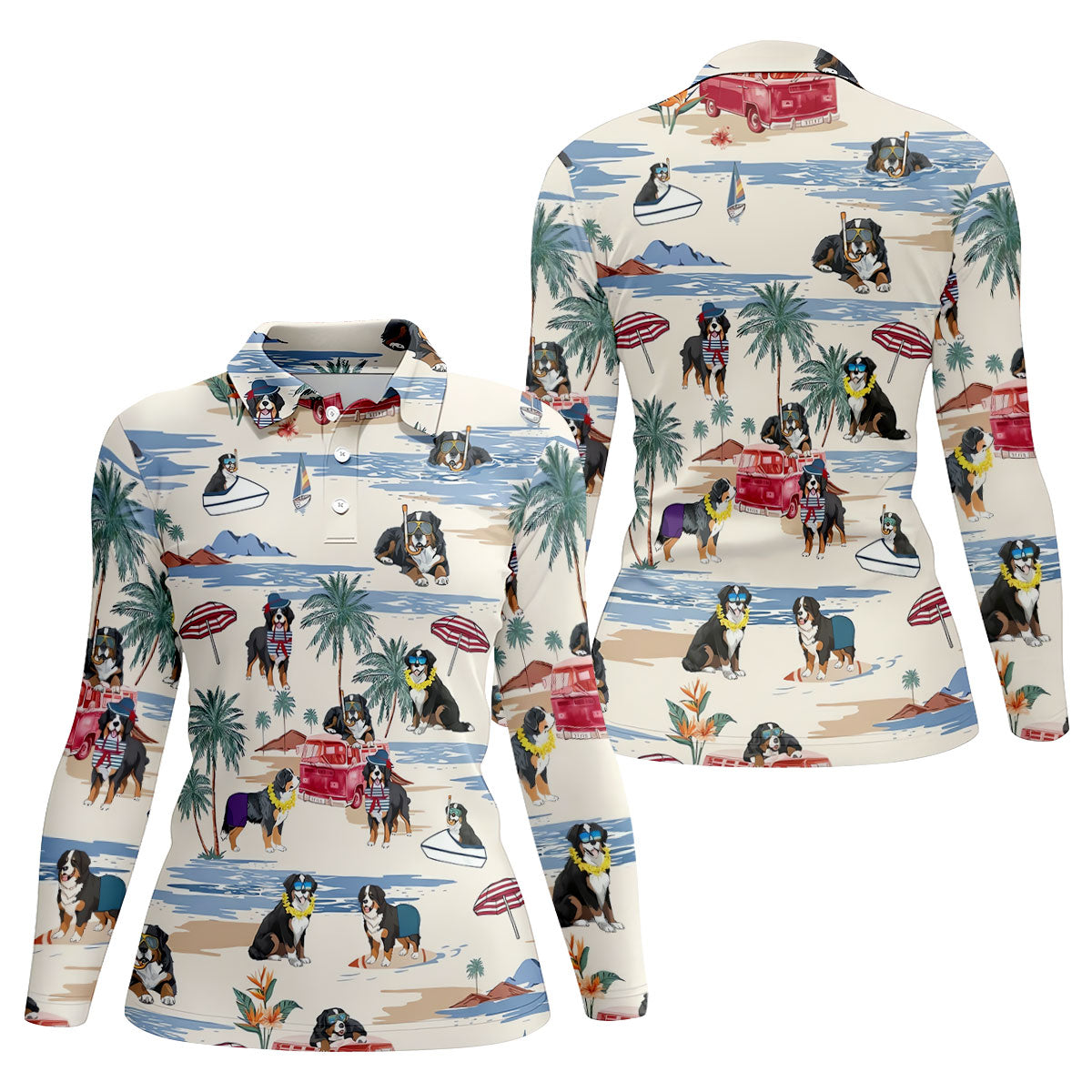 Tropical Bernese Mountain Dog Beach Hawaiian Golf Polo Shirt, Golf Polo For Women, Ladies Golf Top