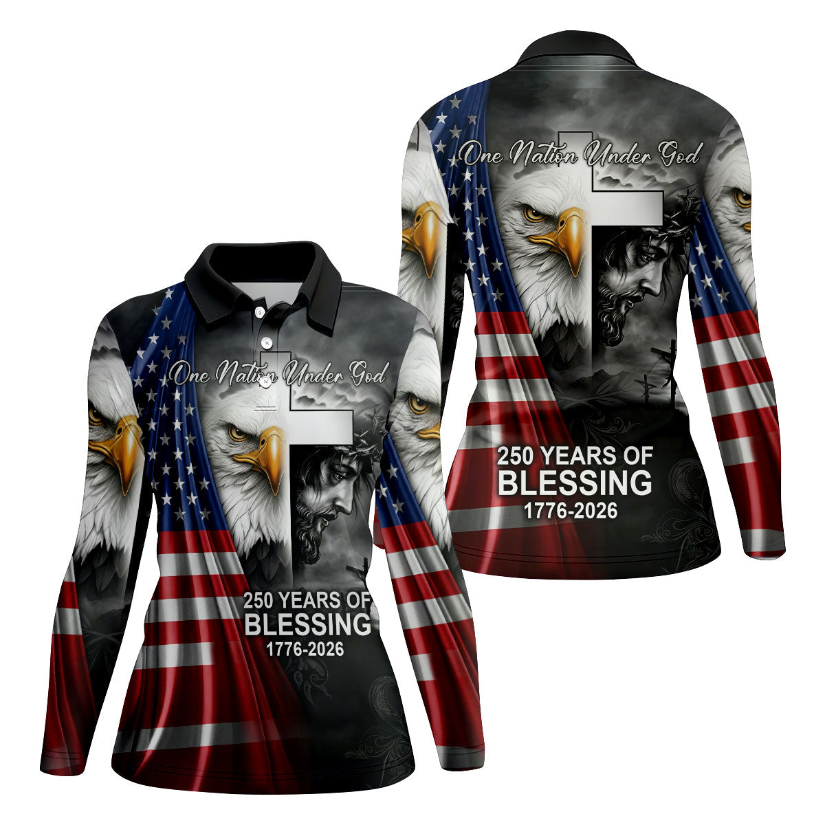 One Nation Under God 250 Years Of Blessing Faith Cross US Flag Golf Shirt, 4th Of July Golf Shirt For Women