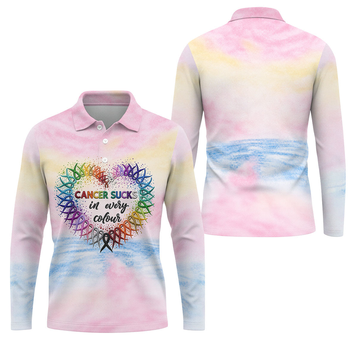 Cancer Sucks In Every Colour Ribbon Heart Polo Shirt, Mens Golf Polo, Mens Polo Shirts