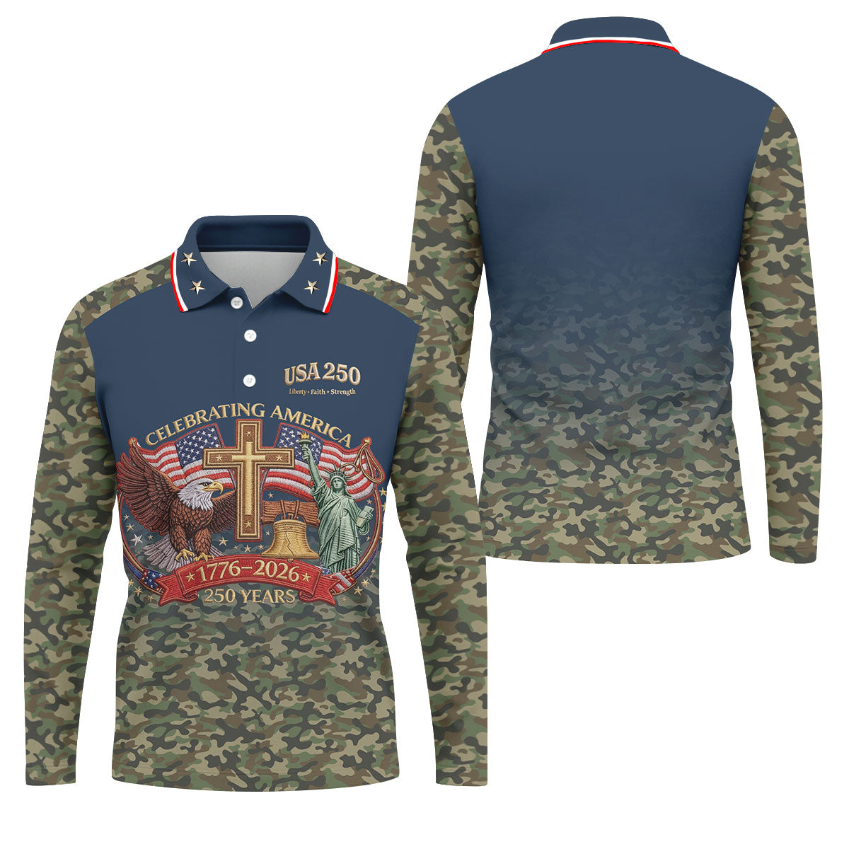 Liberty Faith Strength Faith Cross USA 250 Navy Camo Golf Shirt, 4th Of July Golf Shirts For Men