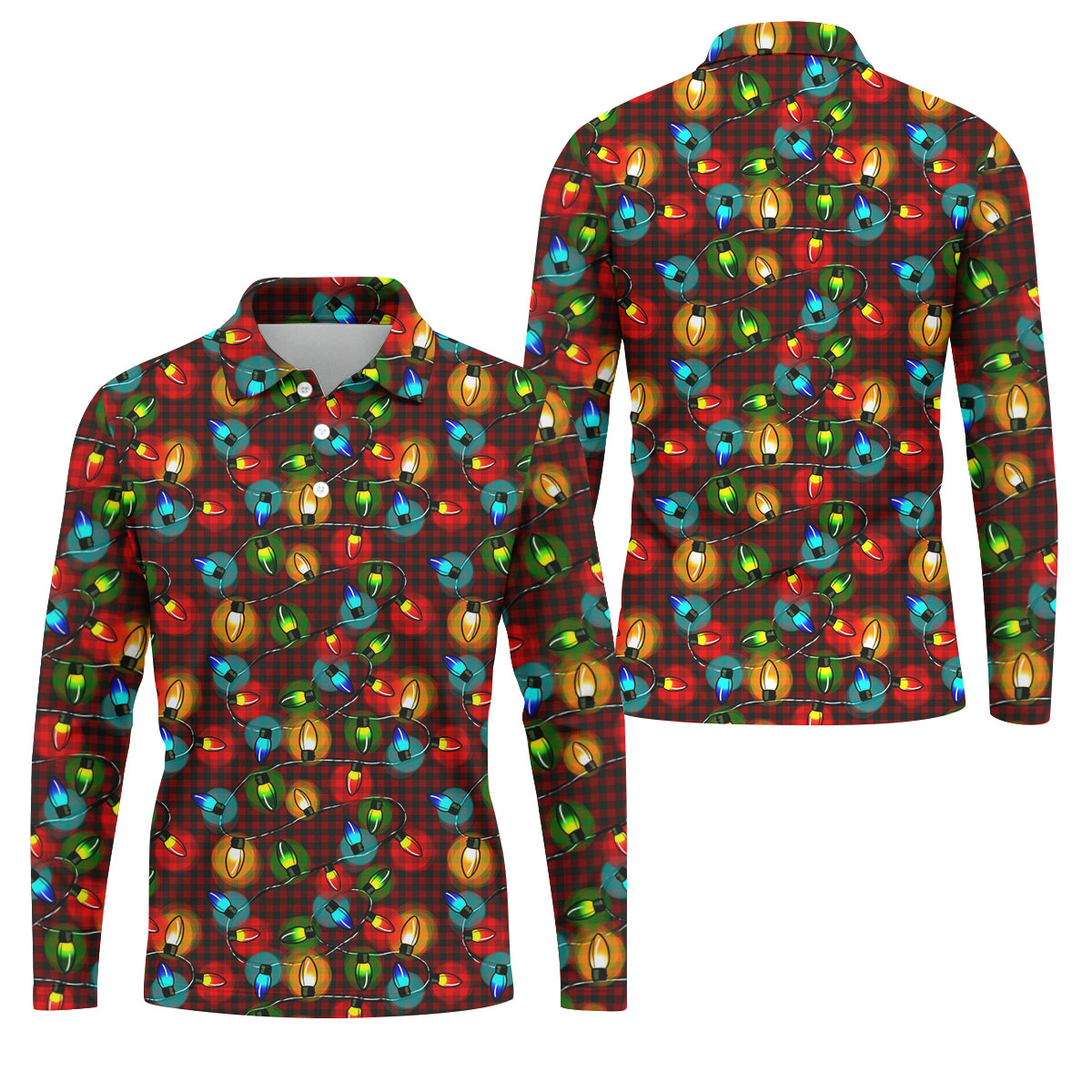 Colorful Christmas Light Plaid Men's Golf Polo Shirts, Christmas Golf Shirt, Polo Shirts For Men