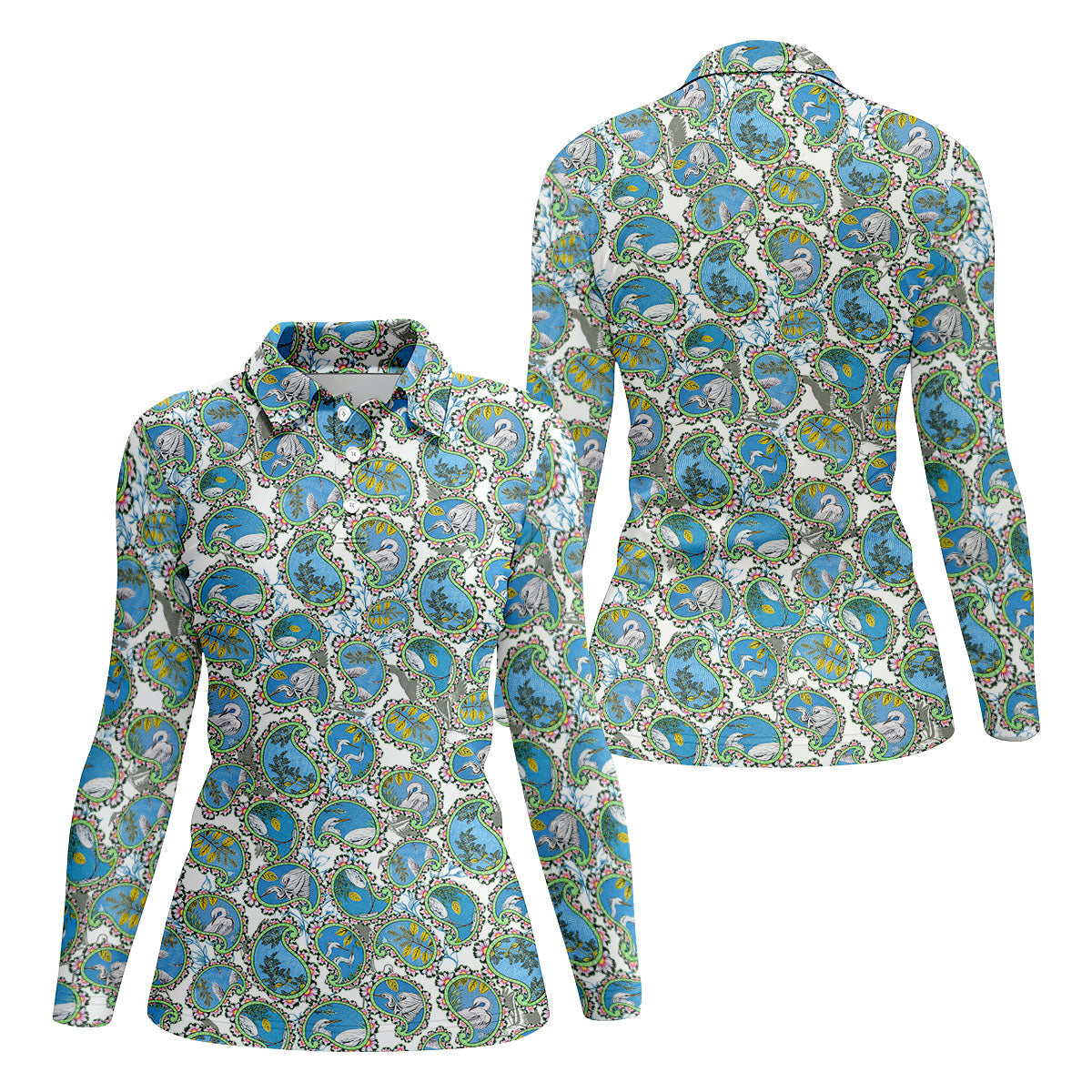 Paisley Flowers Heron Painting Print Golf Shirt, Ladies Golf Shirts, Golf Shirt For Women