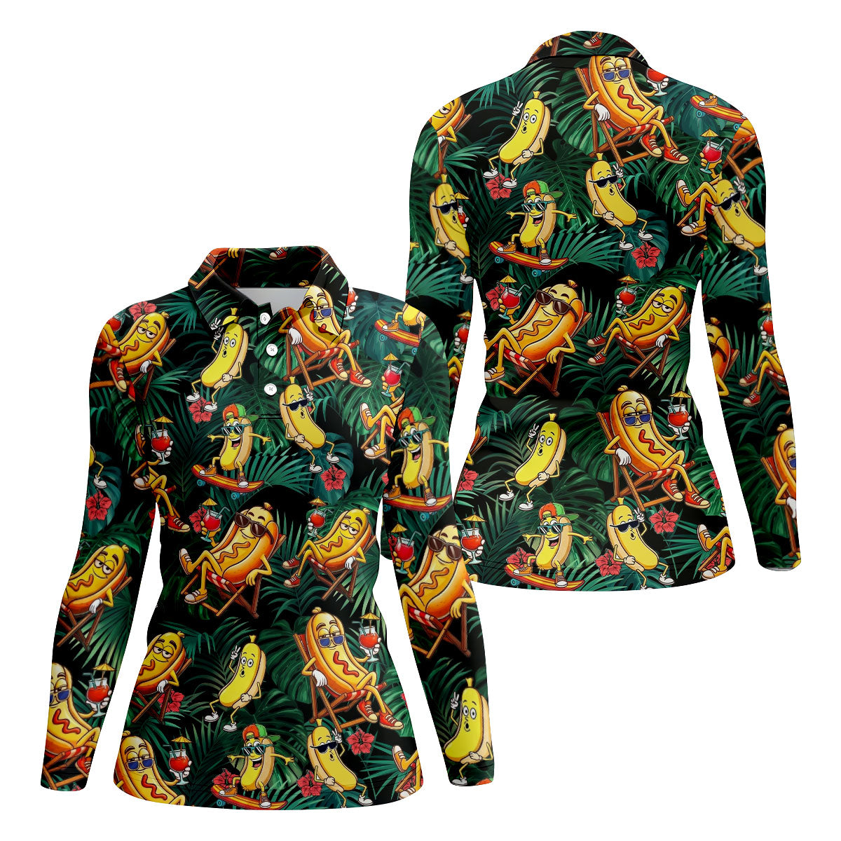 Funny Hot Dog Banana Tropical Hawaiian Golf Shirt, Womens Golf Tops, Ladies Golf Shirts
