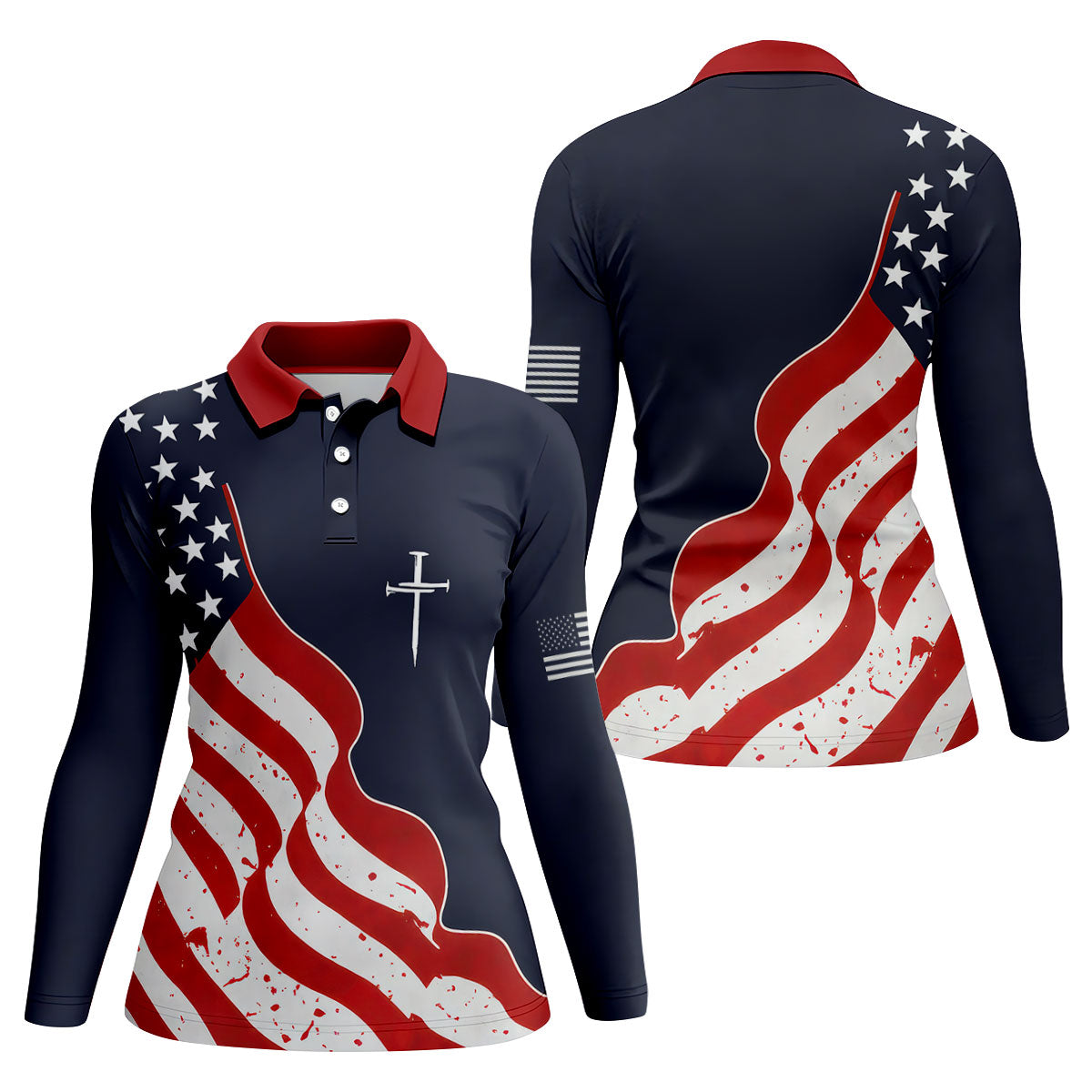 Faith Cross America 250th Anniversary 4th Of July Shirt, Patriotic Navy Golf Shirt For Women
