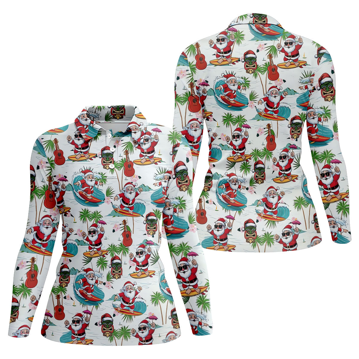 Surfing Santa Tropical Christmas Golf Shirt, Christmas Golf Shirt, Women’s Golf Polo