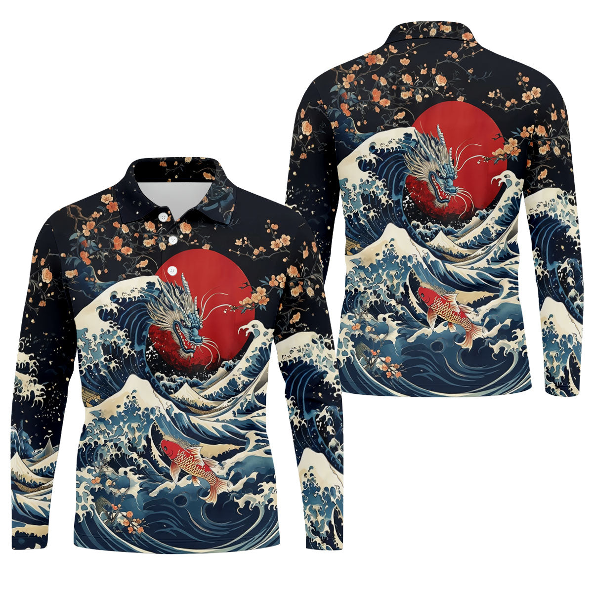 Japanese Dragon Koi Wave Hawaiian Golf Shirt, Mens Golf Apparel, Golf Polo Shirts For Men