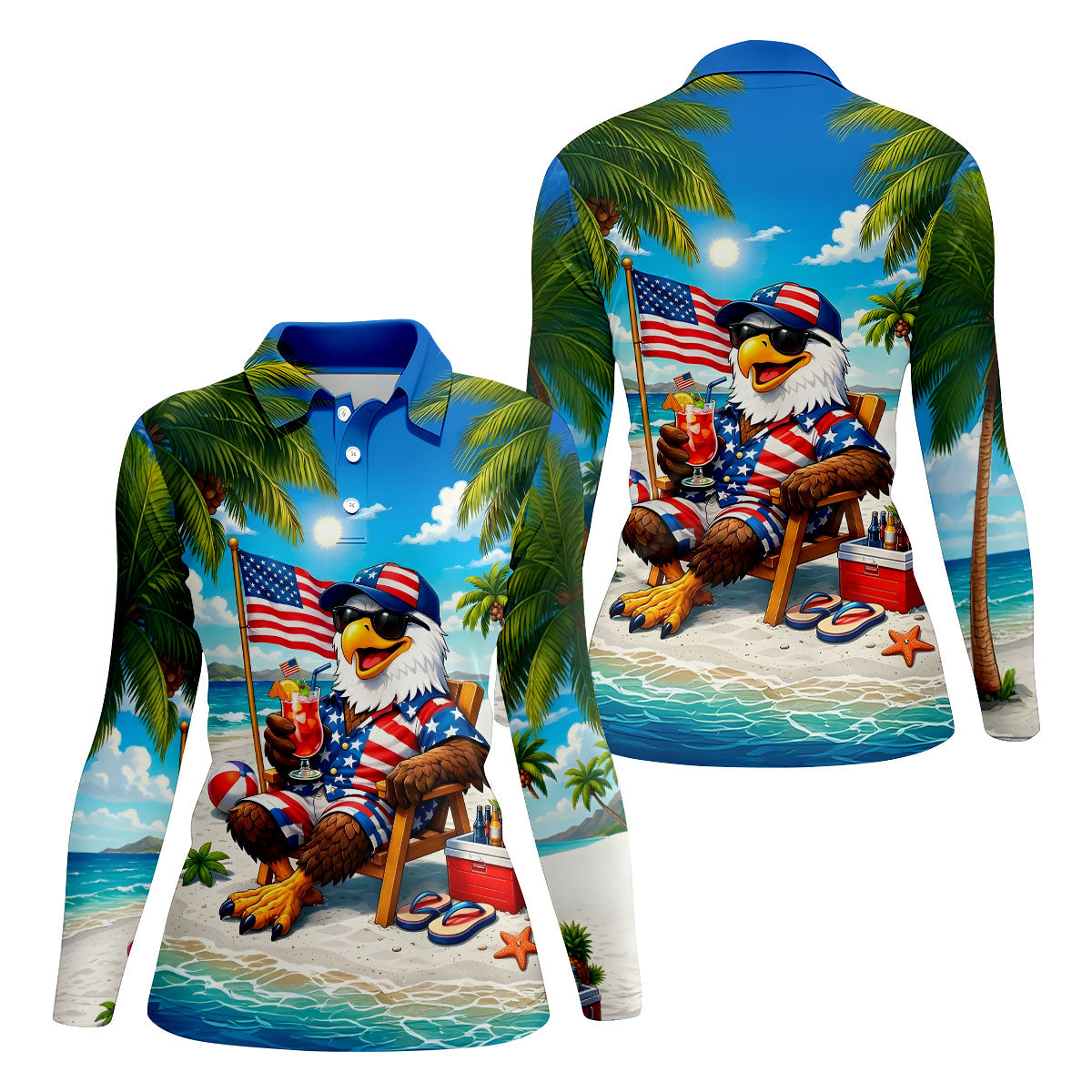 Funny Bald Eagle US Flag Pattern Hawaiian Golf Shirt, 250 Years Patriotic 4th Of July Golf Shirt For Women