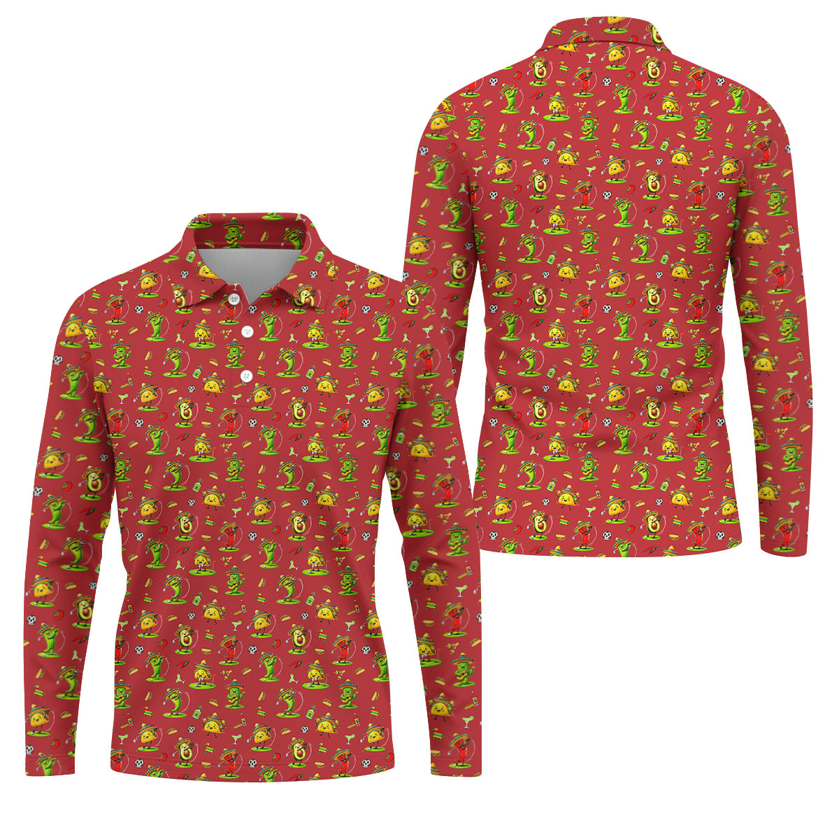 Mexican Cartoon Food Characters Cinco De Mayo Celebration Fiesta Themed Red Golf Shirts For Men
