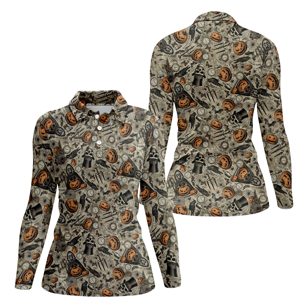 Pumpkin Skull Halloween Sleeveless Golf Shirt, Golf Tops For Women, Womens Golf Tops