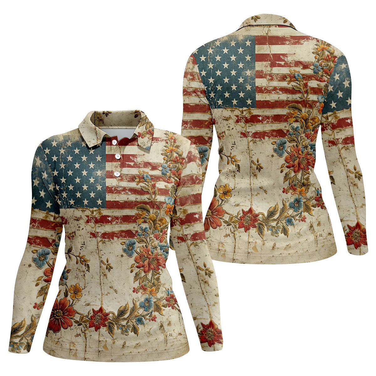 Floral American Flag Vintage Golf Shirt, 250 Years Patriotic 4th Of July Golf Shirt For Women