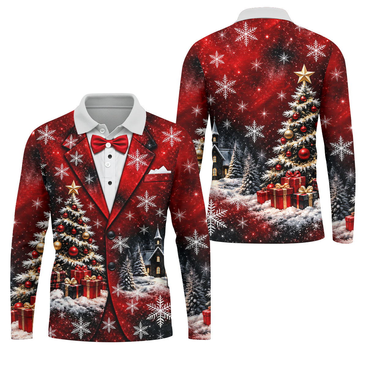 Tuxedo Tree Snowflakes Christmas Golf Shirt, Golf Shirts For Men, Mens Golf Apparel