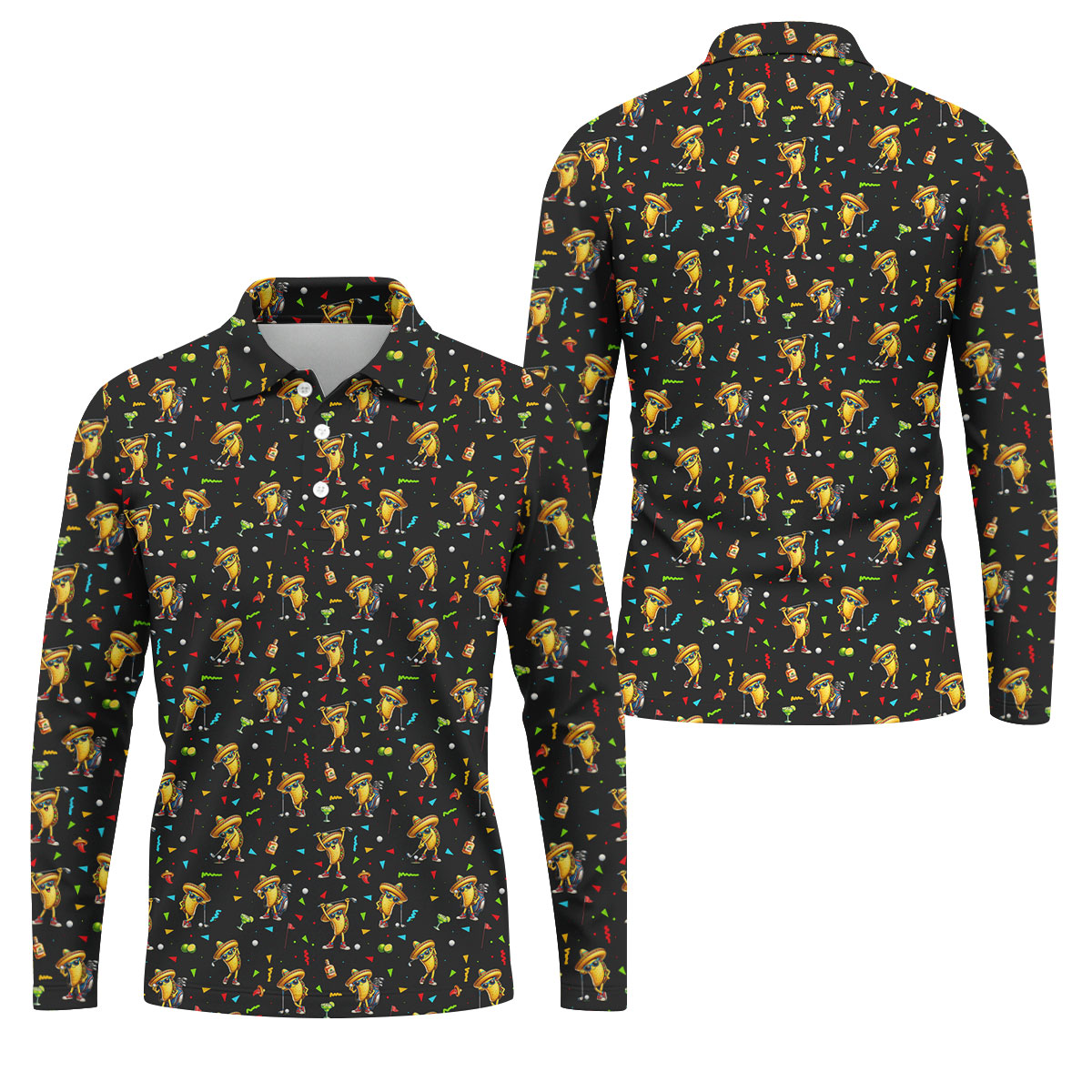 Fairway Fiesta Taco Margarita Mexico Theme Black Golf Shirt, Men's Golf Shirts, Polo Shirts For Men