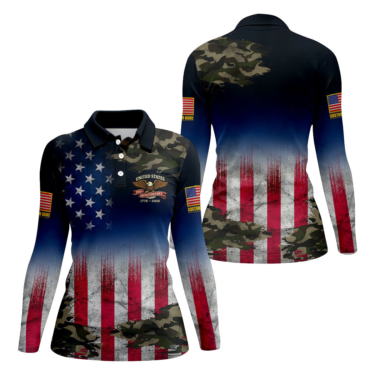 United States 250th Anniversary Camo Patriotic 4th Of July Golf Shirt, Distressed Flag Golf Shirt For Women