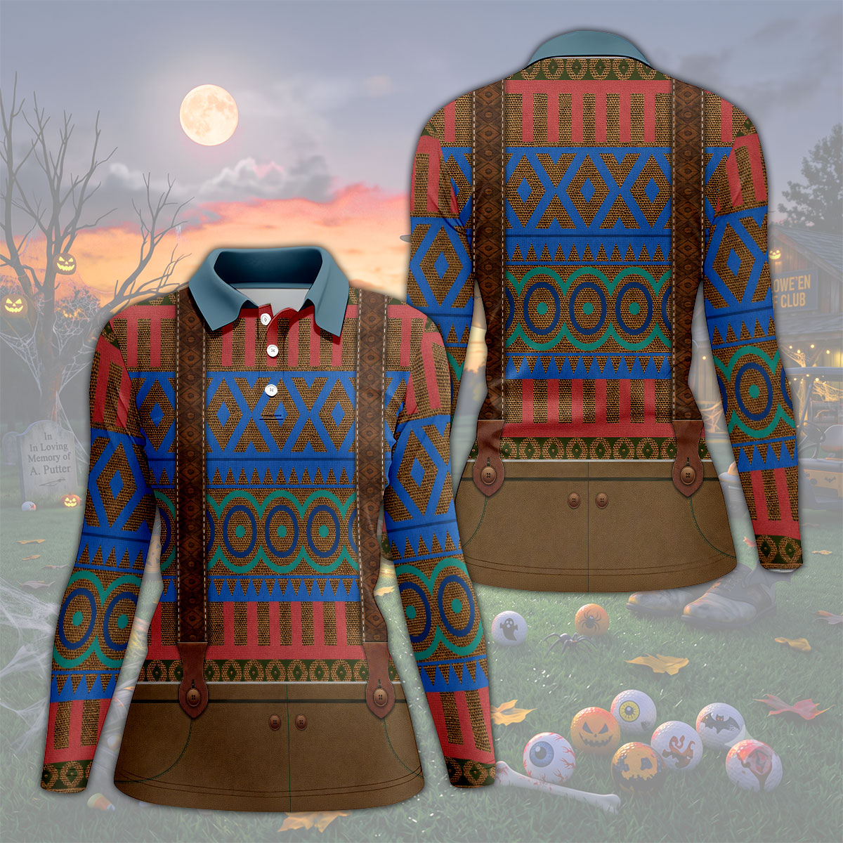 Tribal Suspender Pattern Halloween Golf Polo Shirt, Golf Polo For Women, Printed Golf Shirt
