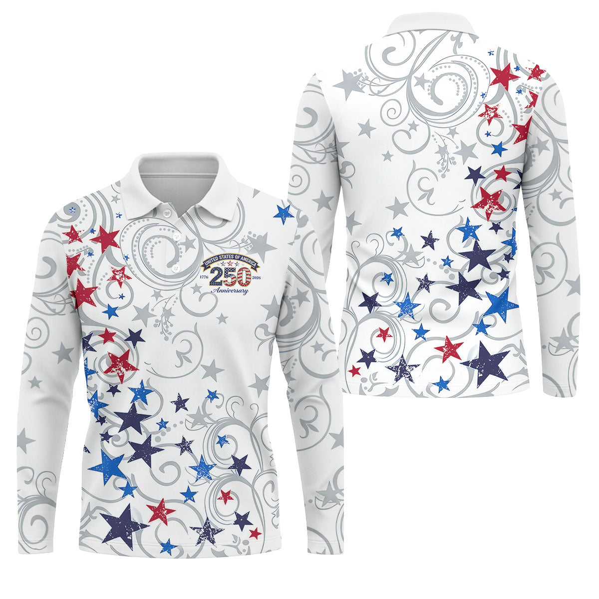 United States Of America 250 Anniversary Patriotic 4th Of July Golf Shirt, Red Blue Stars Golf Shirts For Men