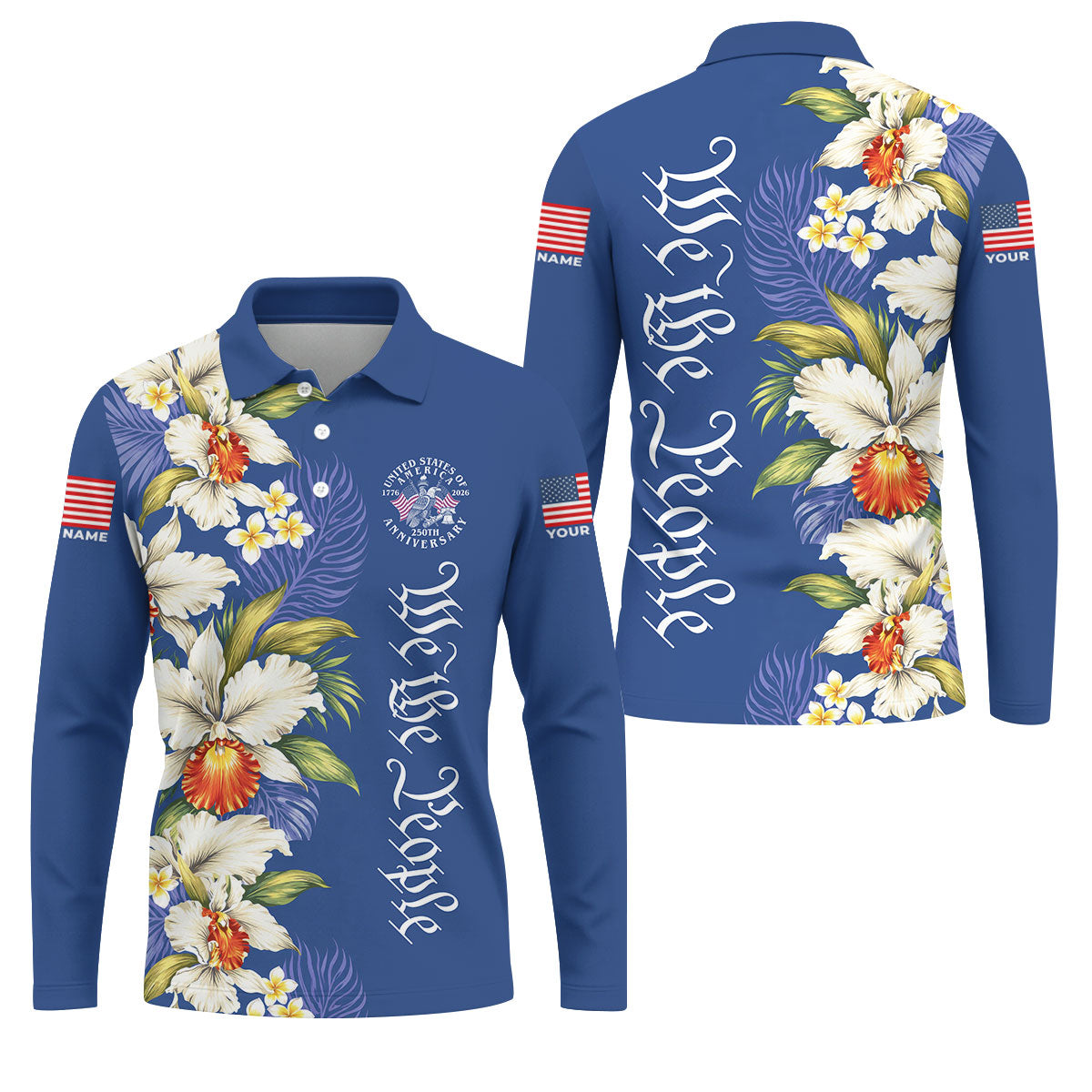 We The People Floral Pattern US Flag Golf Shirt, 250 Years 4th Of July Golf Shirts For Men